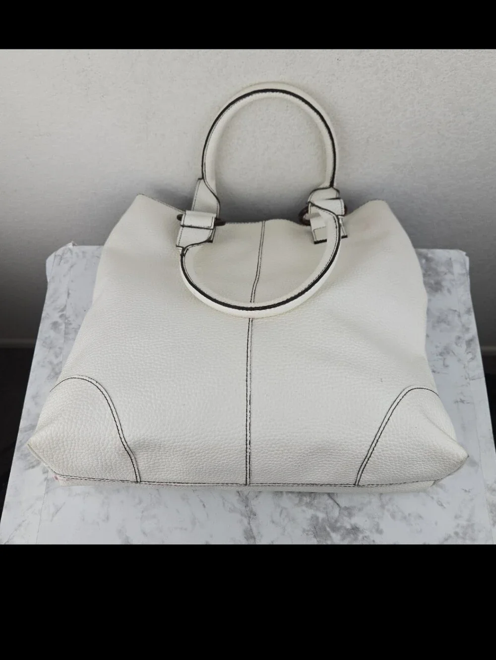 Estee Lauder Classic White Leather Tote Bag with Contrast Stitching